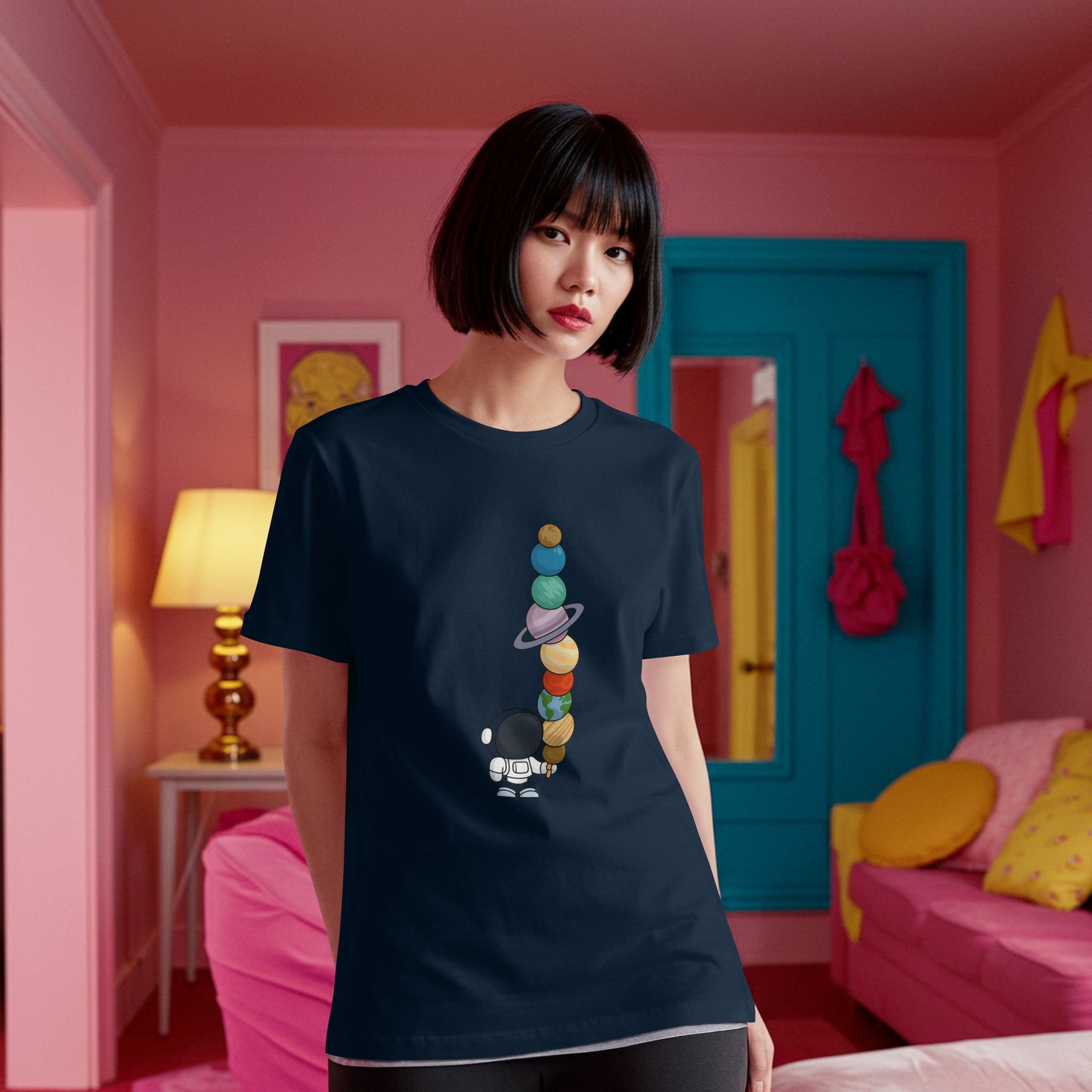 Astronaut & Planets – Unisex Black Oversized Tee for Space Dreamers