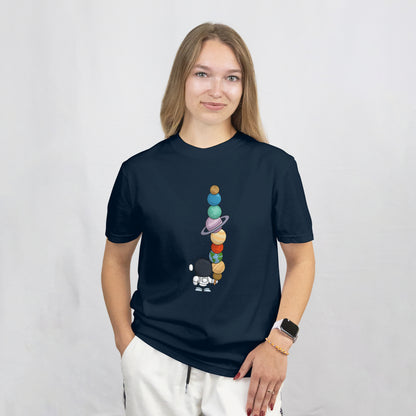 Astronaut & Planets – Unisex Black Oversized Tee for Space Dreamers