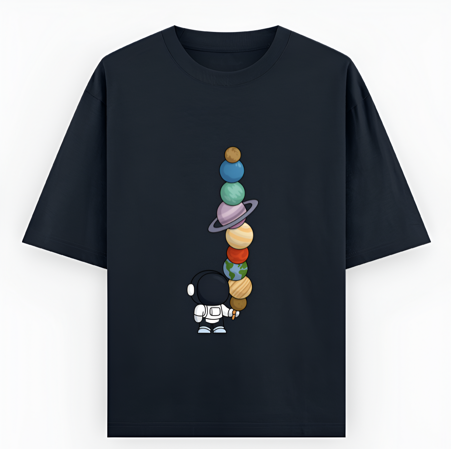 Astronaut & Planets – Unisex Black Oversized Tee for Space Dreamers