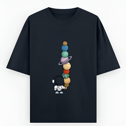 Astronaut & Planets – Unisex Black Oversized Tee for Space Dreamers